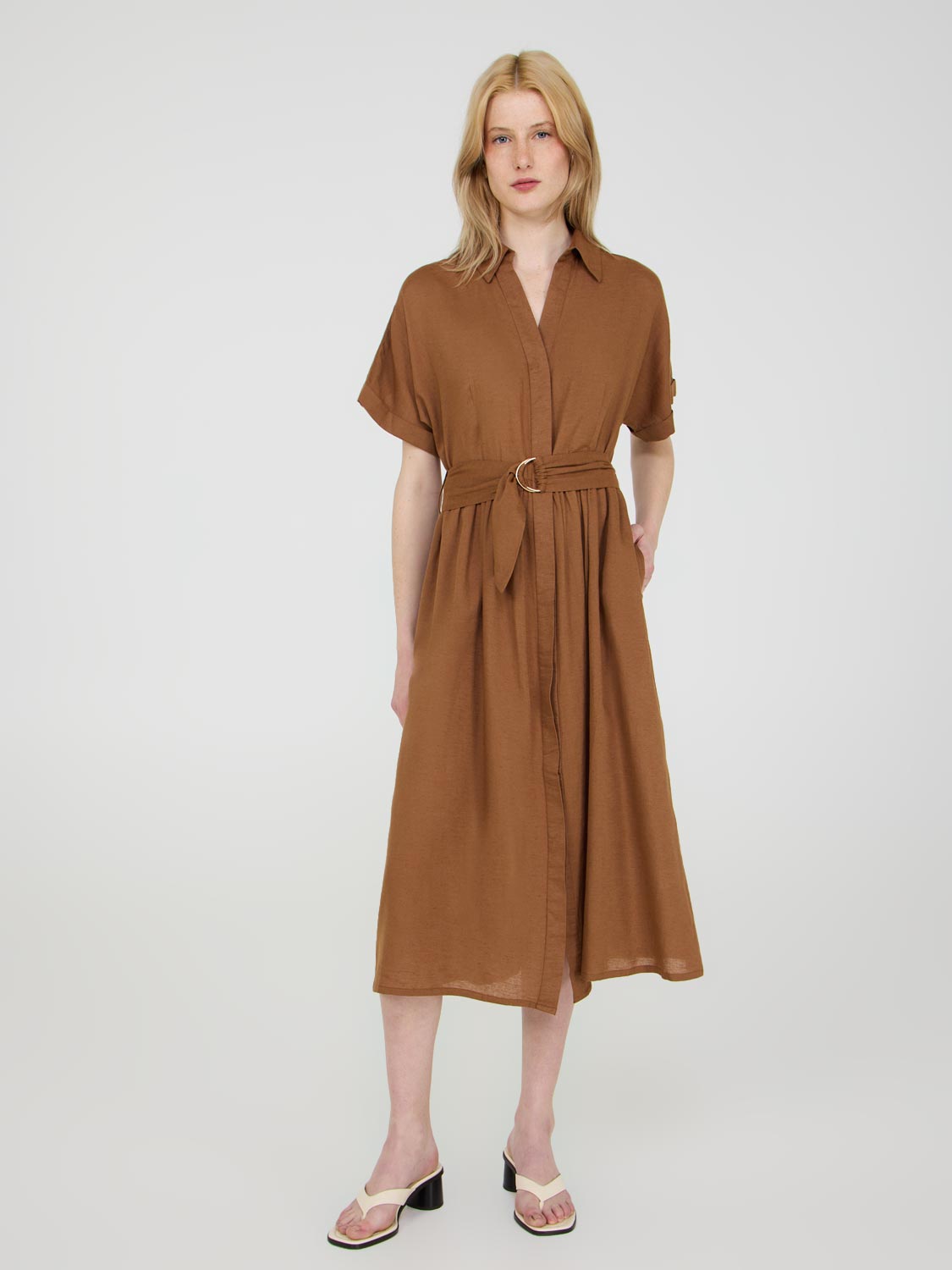 Robe chemise à manches chauve-souris en lin mélangé
