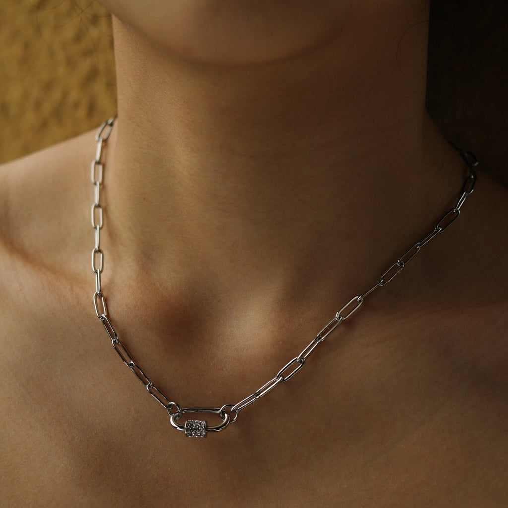 PEIGI Silver: Paper Clip Chain with Zirconia Accented Carabiner Charm