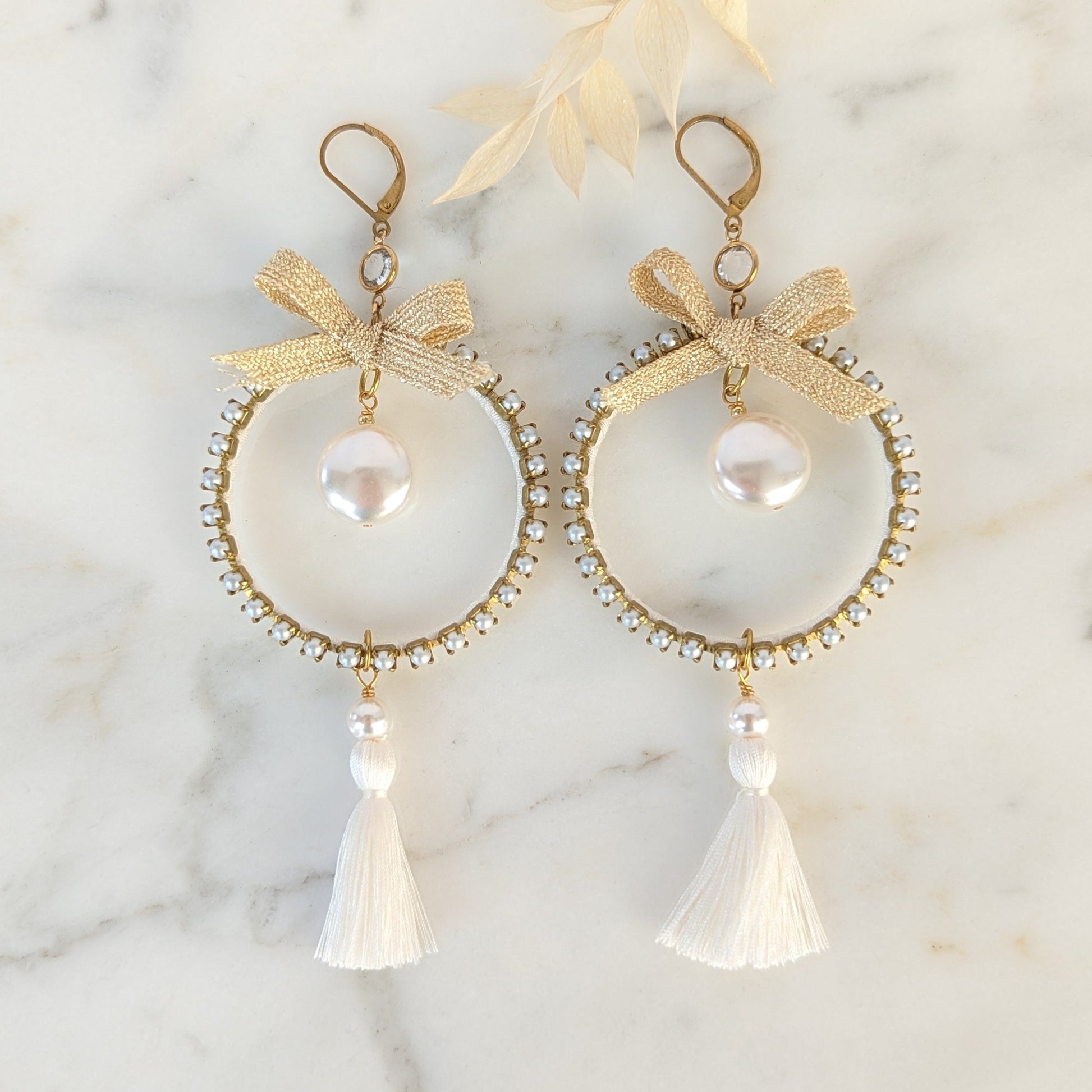 golden brass bridal hoop earrings with pearls and fringe tassels