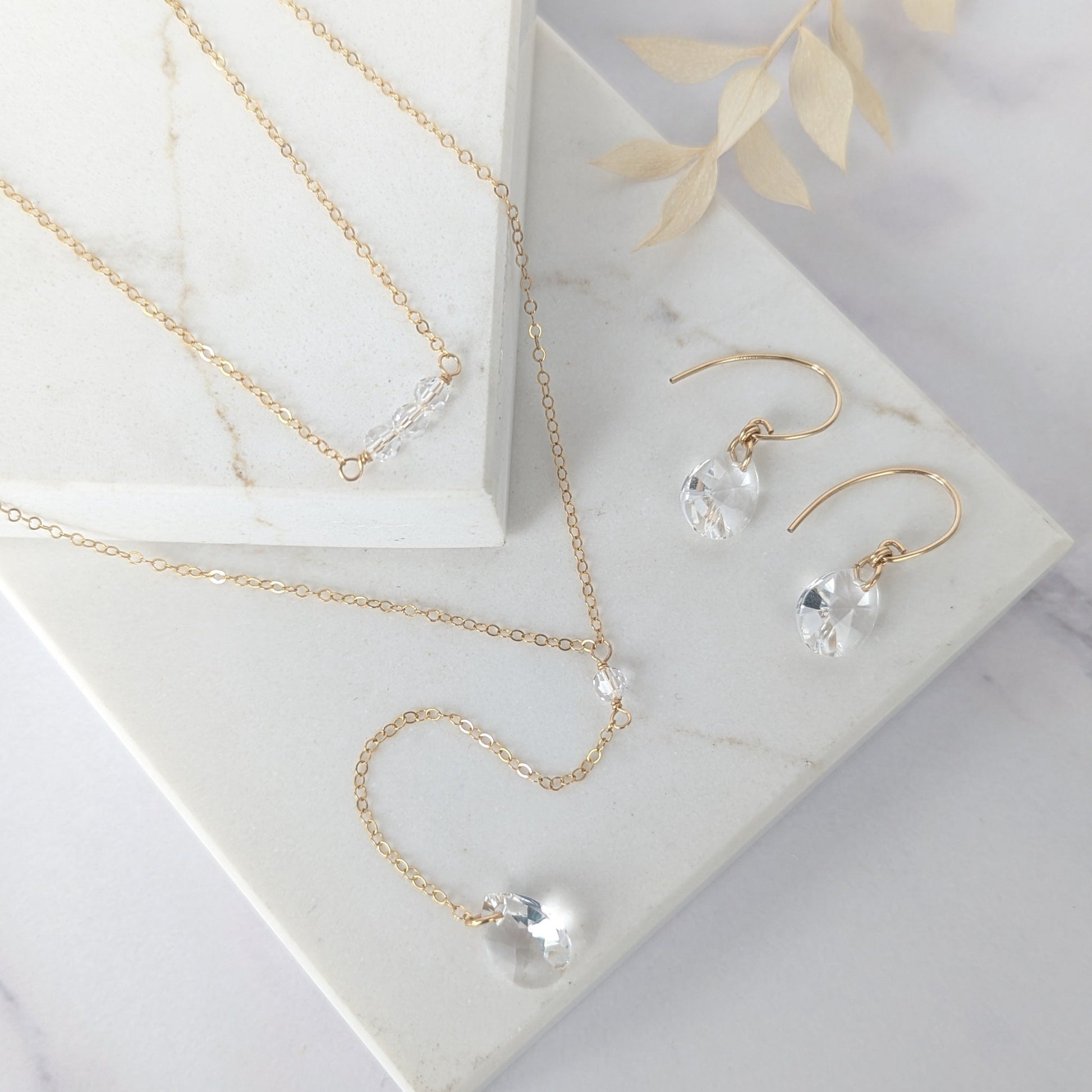 gold filled by drop necklace with crystal teardrop pendant and matching earrings jewelry set for brides
