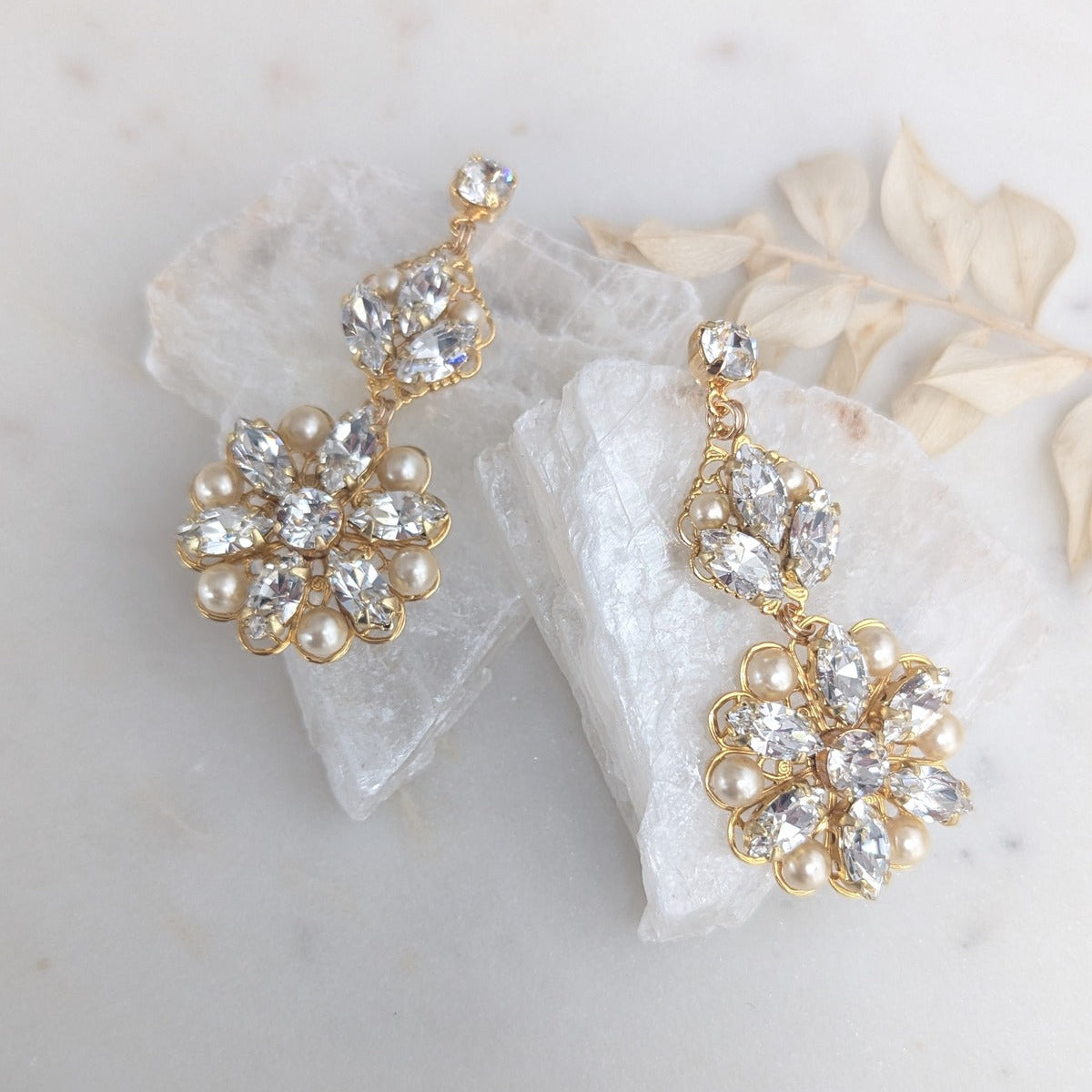 PHOEBE Filigree Crystal & Pearl Bridal Earrings