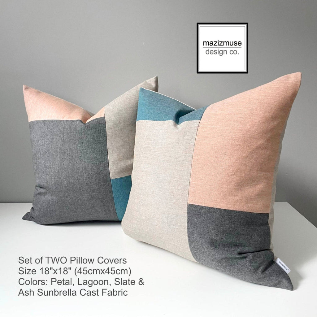 Deux housses de coussin d'extérieur Sunbrella® vert sauge, coussins Oasis Petal et Ash