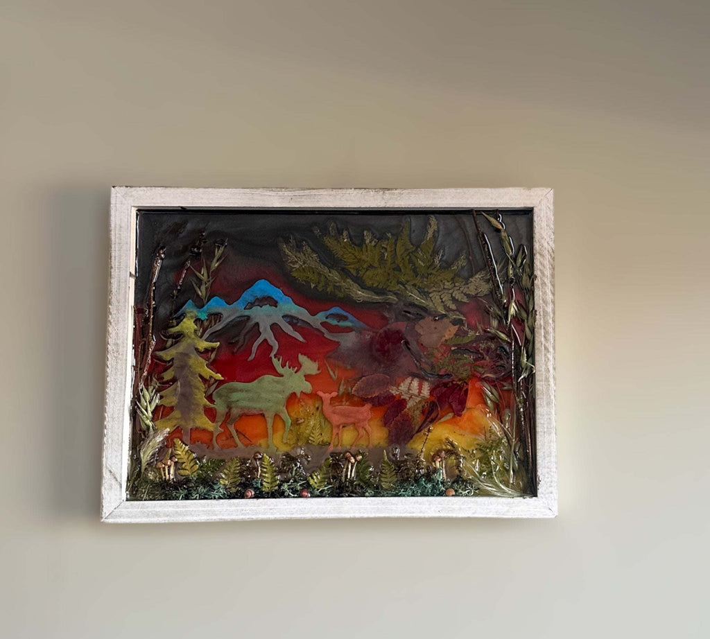 Majestic Wilderness - Tableau en résine représentant un coucher de soleil enchanteur dans une forêt