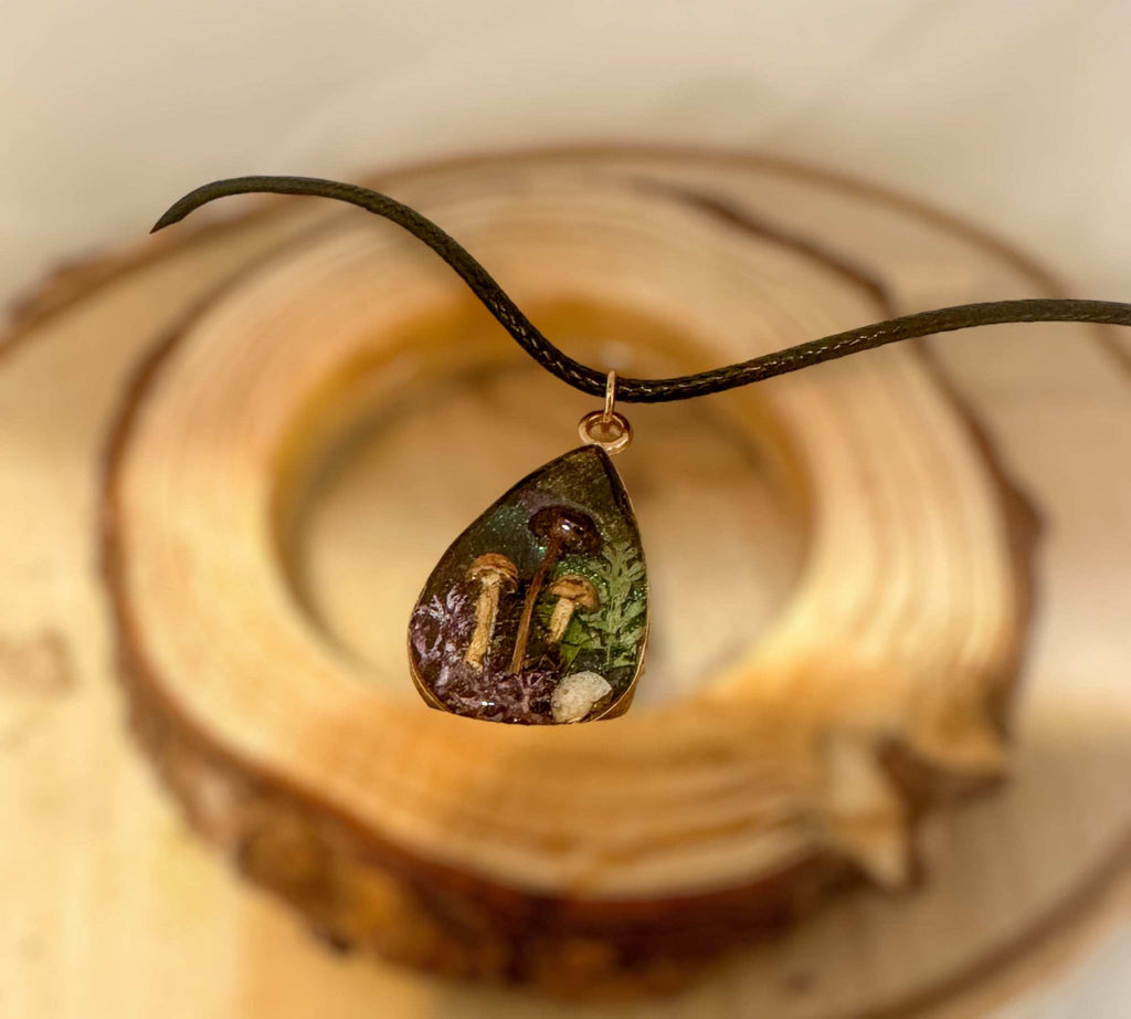 Mini Forest: Teardrop Pendant with Northern Lights and Mushrooms