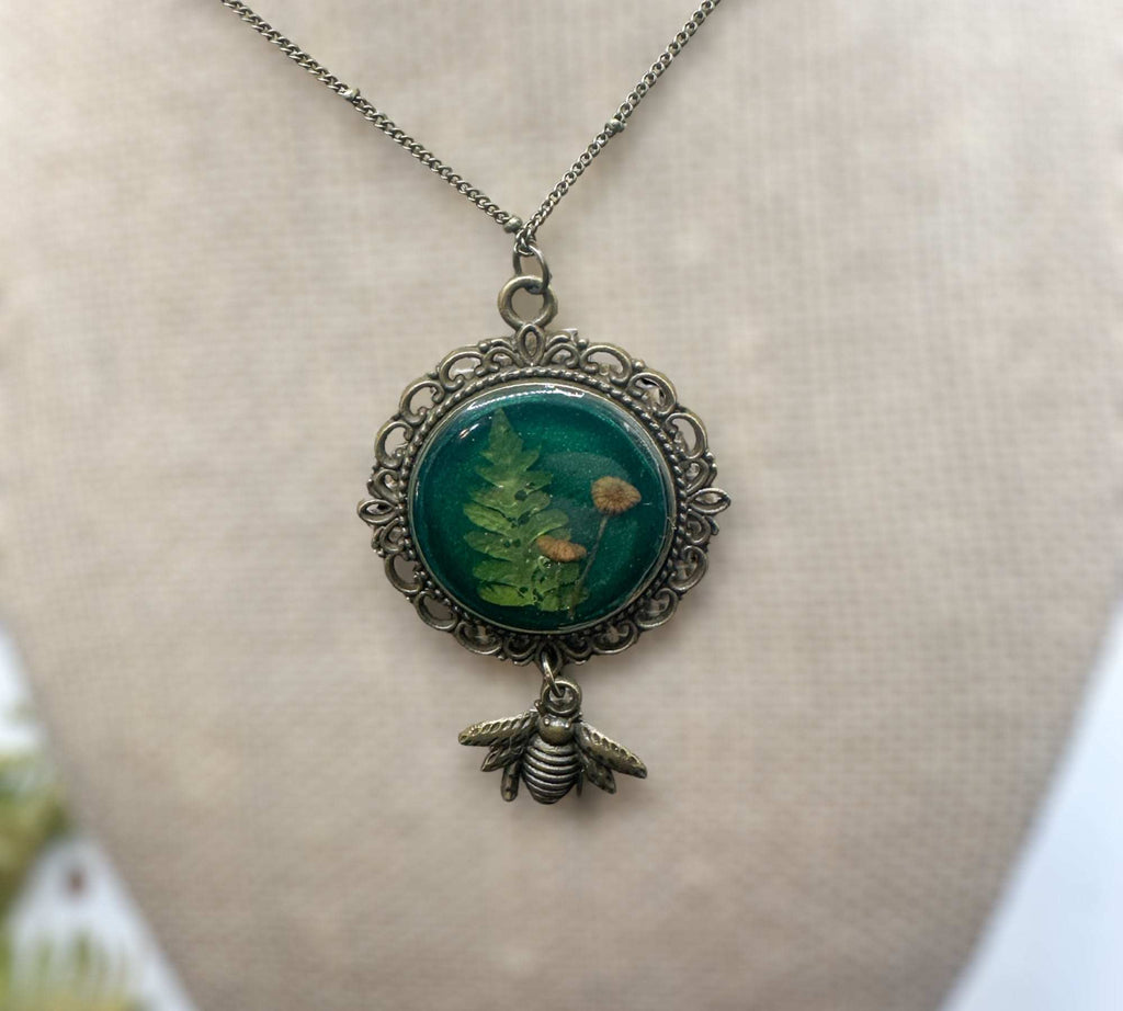 Mushroom Pendant - Magical Green Forest with Copper Bee