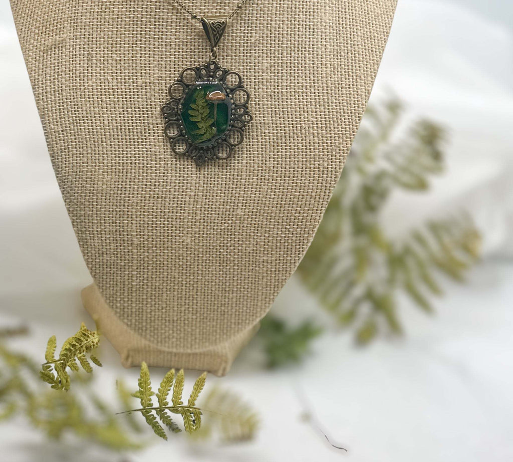 Mushroom Pendant - Magical Green Forest Antique Copper Frame