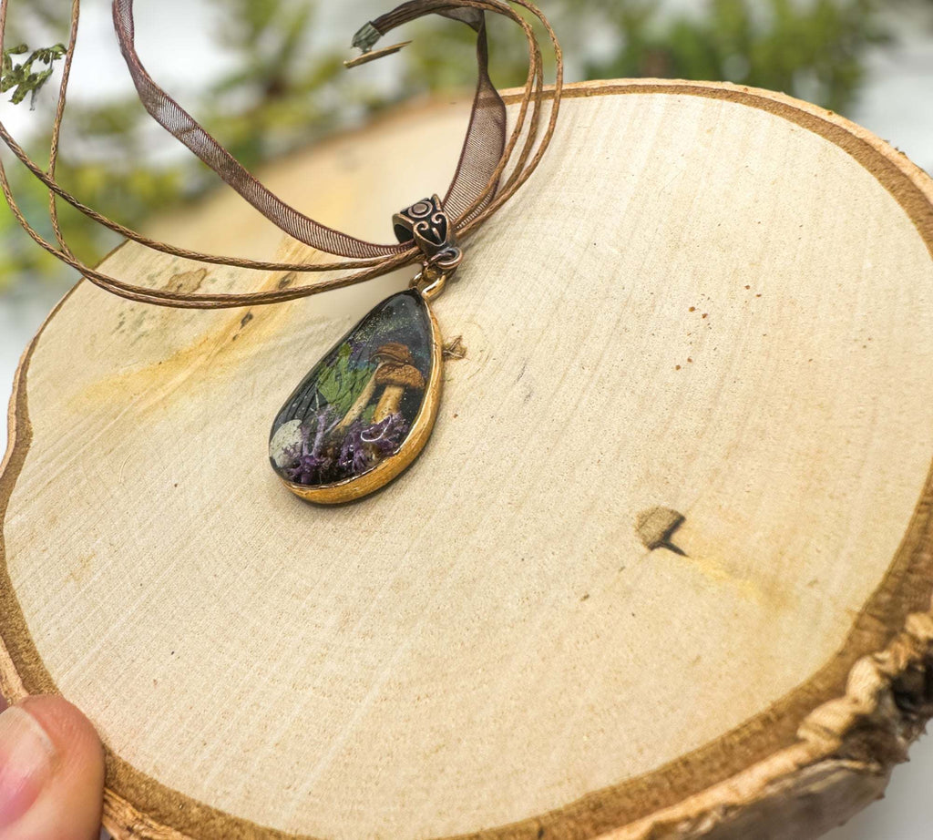Mini Forest: Teardrop Pendant with Northern Lights and Mushrooms