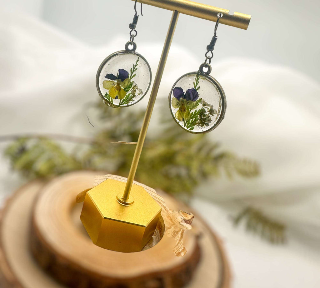 Pansy Earrings: Nature Inspired - Real Fern and Delicate Flowers