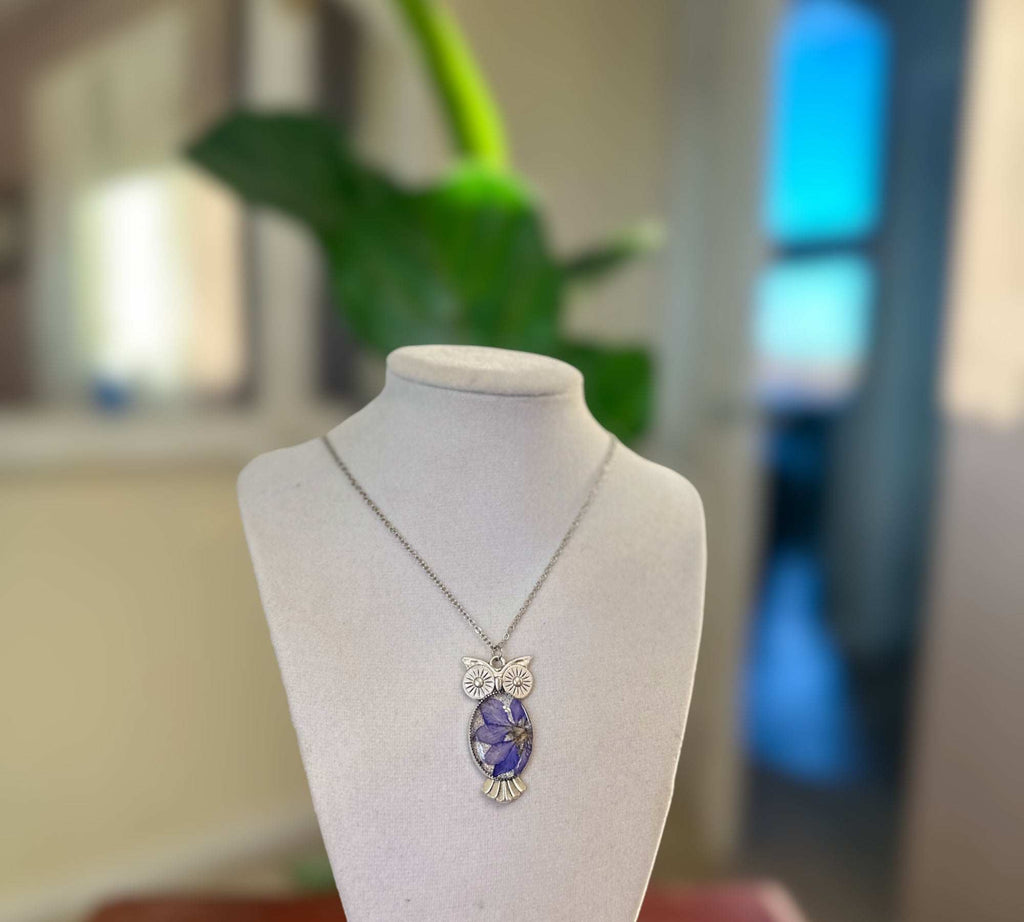 Purple Bloom Owls: Exquisite Silver Owl Pendants with Real Dried Flowers