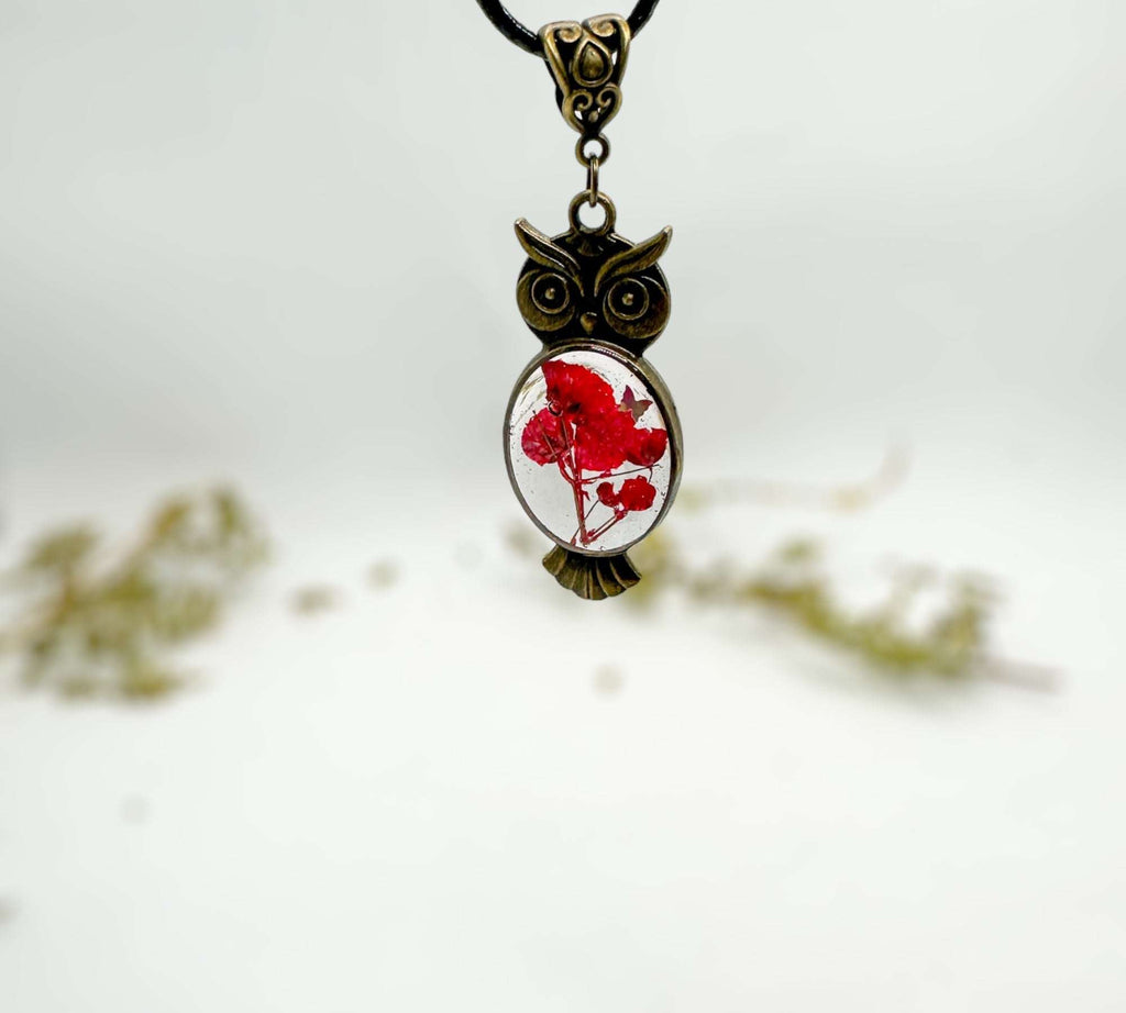 Owl Pendant - Red Blooms and Butterflies - Pressed Flower Necklace
