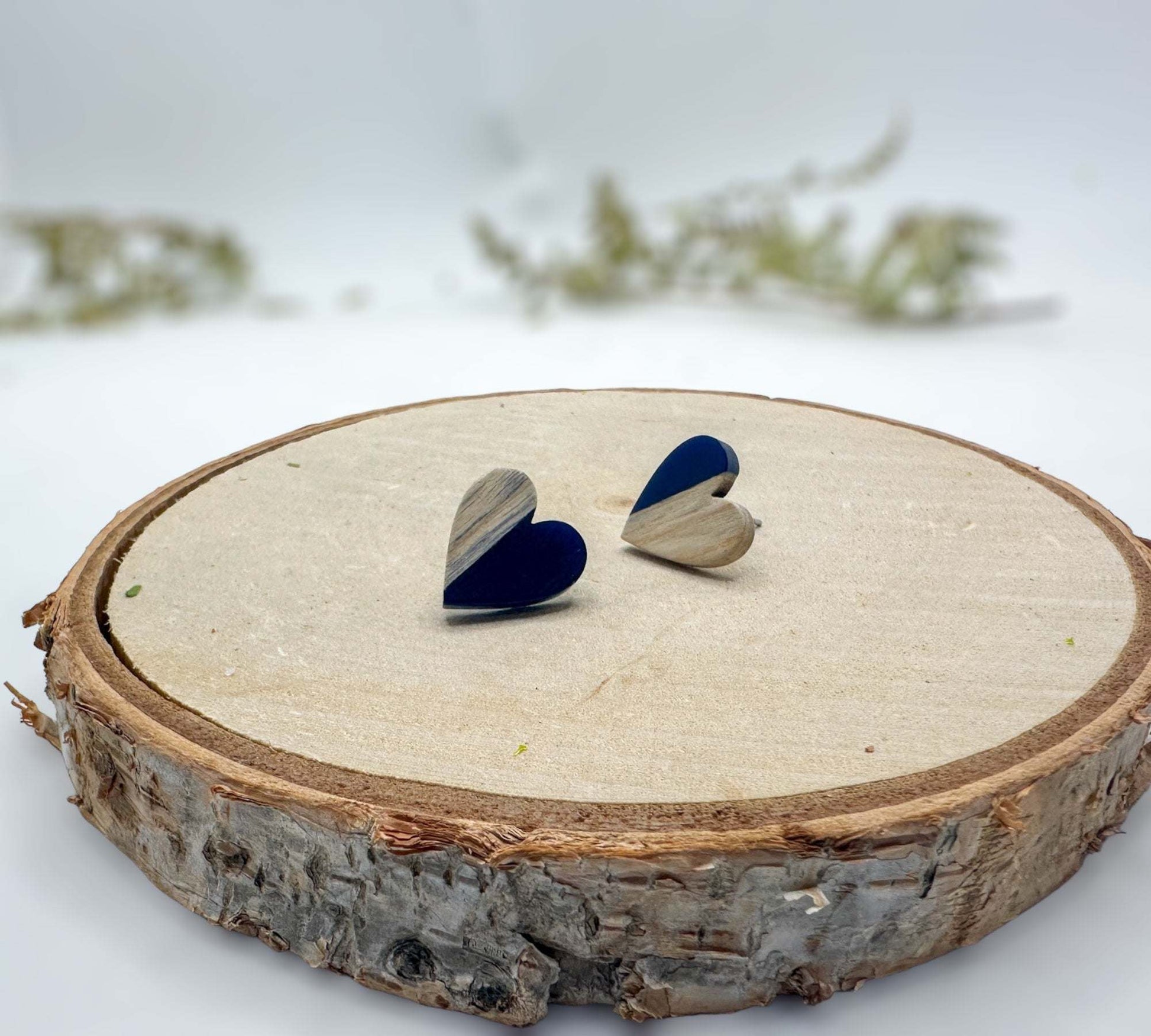 Heartfelt Boho Bliss: Whimsical Wood and Dark Blue Resin Heart Earrings
