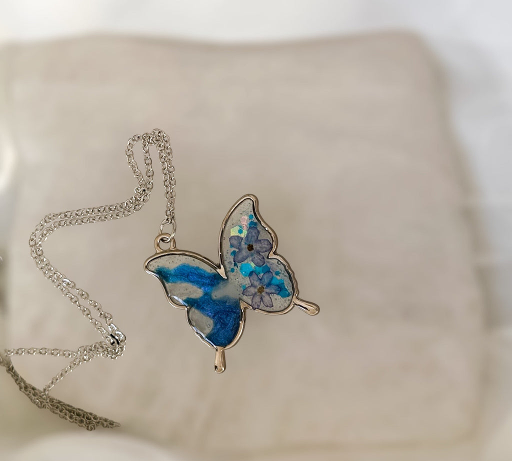 Butterfly Pendant - Dried Flowers & Petals with Mother of Pearl  - Nature's Ballet