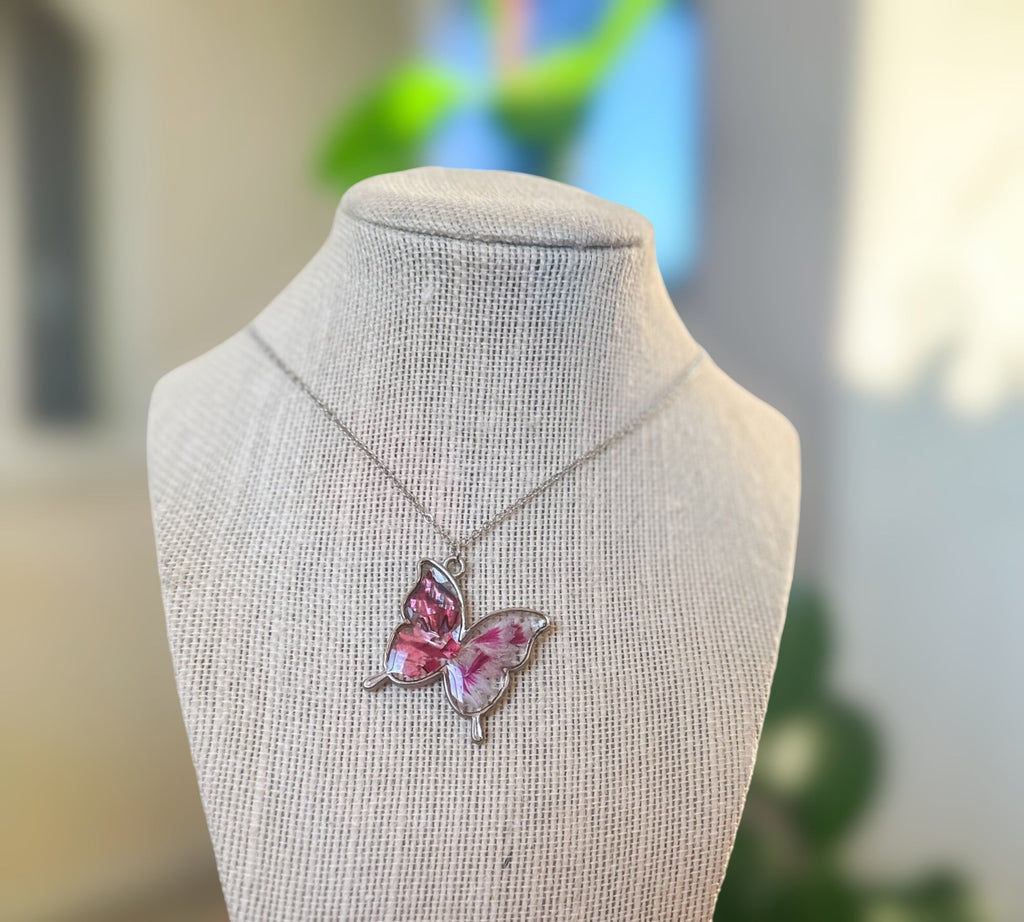 Butterfly Pendant - Dried Flowers & Petals with Mother of Pearl  - Nature's Ballet