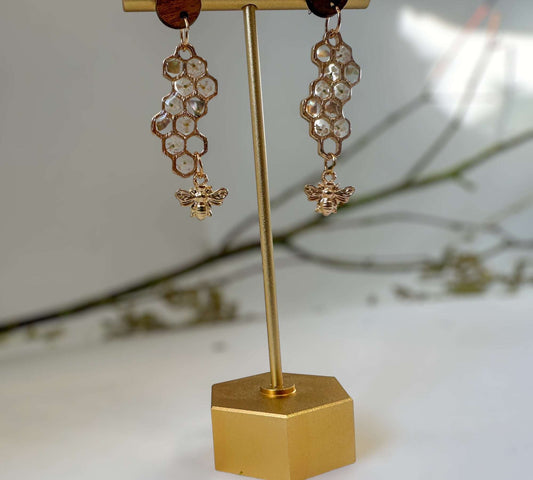 Bee Harmony Earring Set - Golden Pearly Honeycomb & Bee Charm