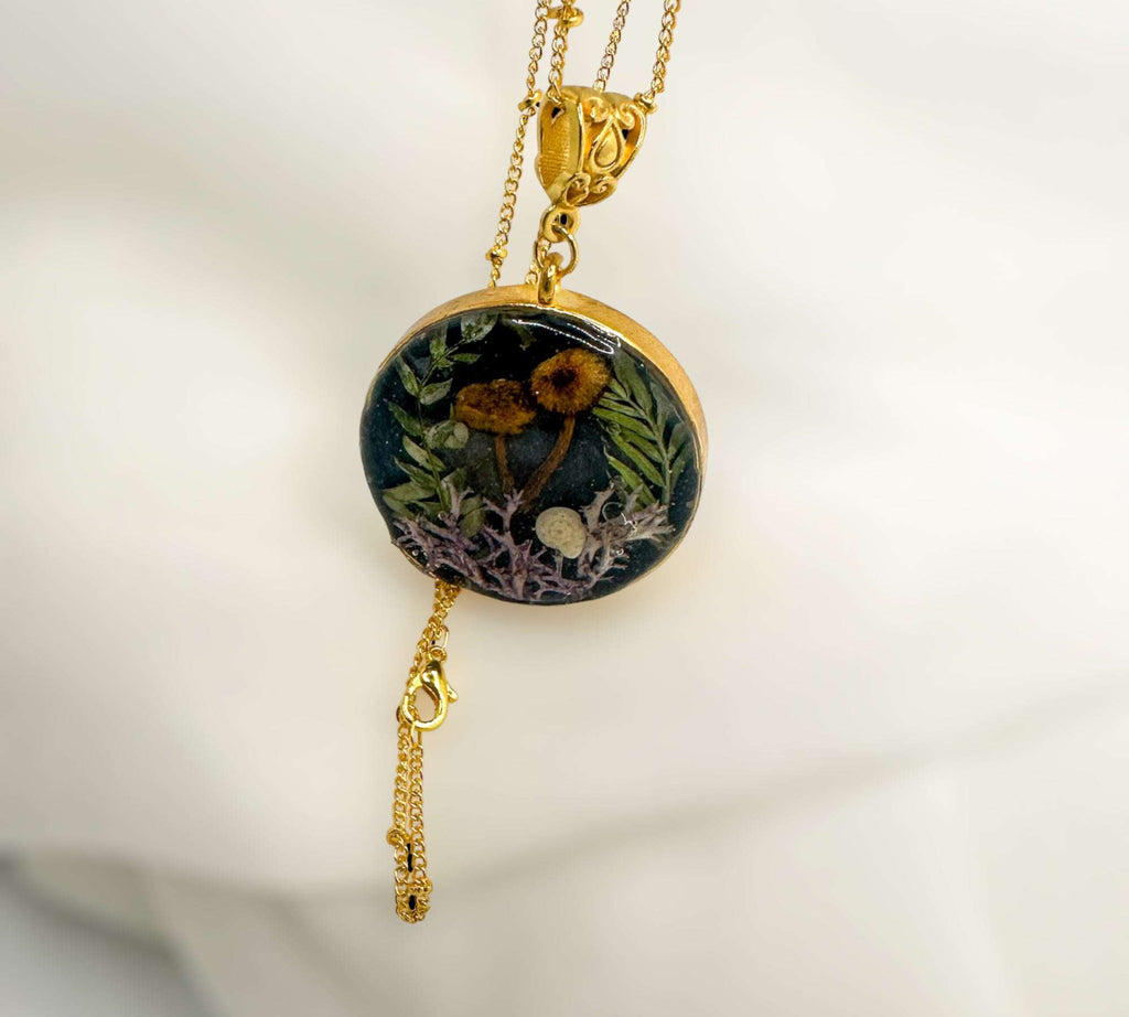 Magical Forest- Resin Botanical Necklace with Mini Mushrooms & Ferns