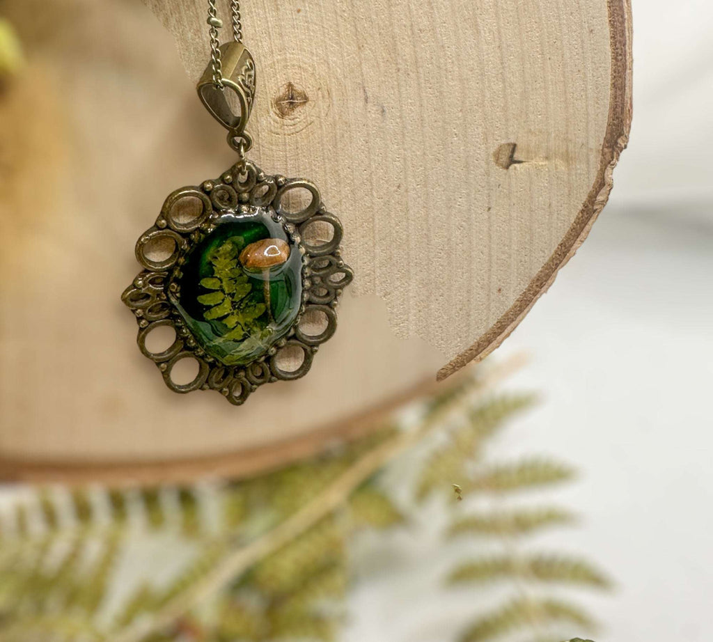 Mushroom Pendant - Magical Green Forest Antique Copper Frame
