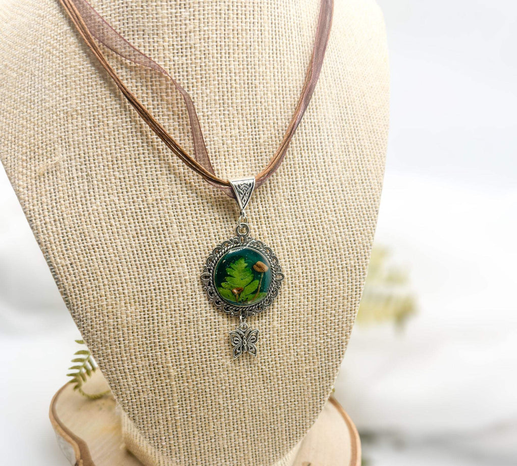 Mushroom Pendant - Magical Green Forest with Silver Butterfly