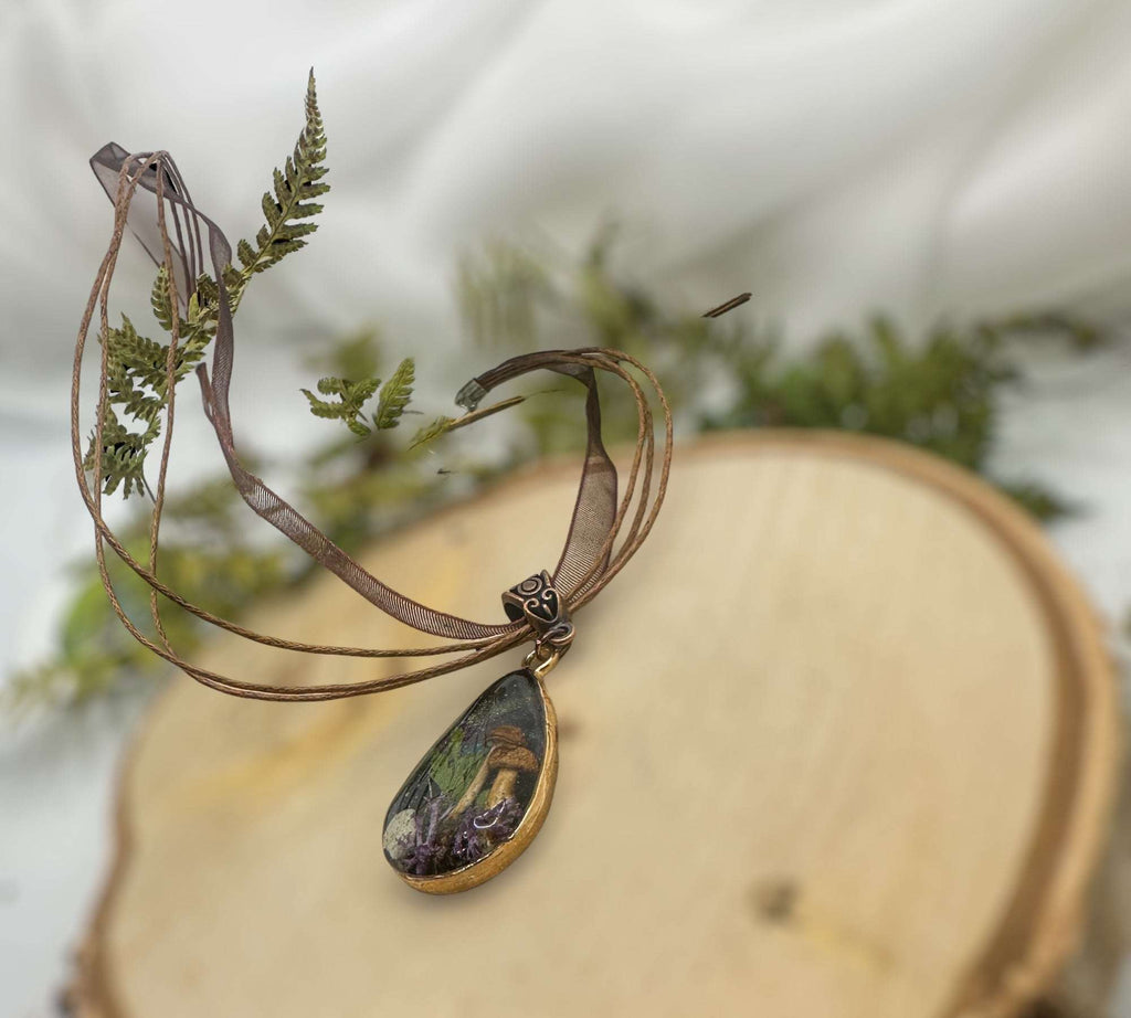 Mini Forest: Teardrop Pendant with Northern Lights and Mushrooms