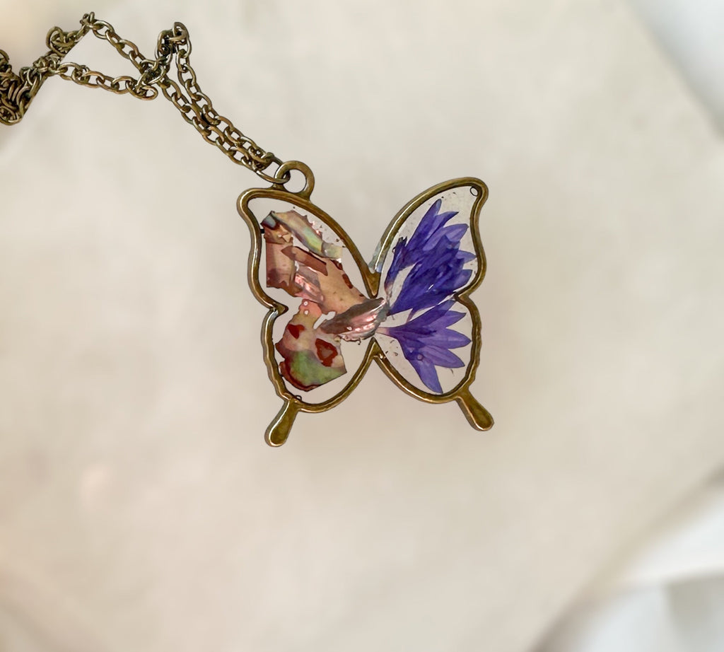 Butterfly Pendant - Dried Flowers & Petals with Mother of Pearl  - Nature's Ballet