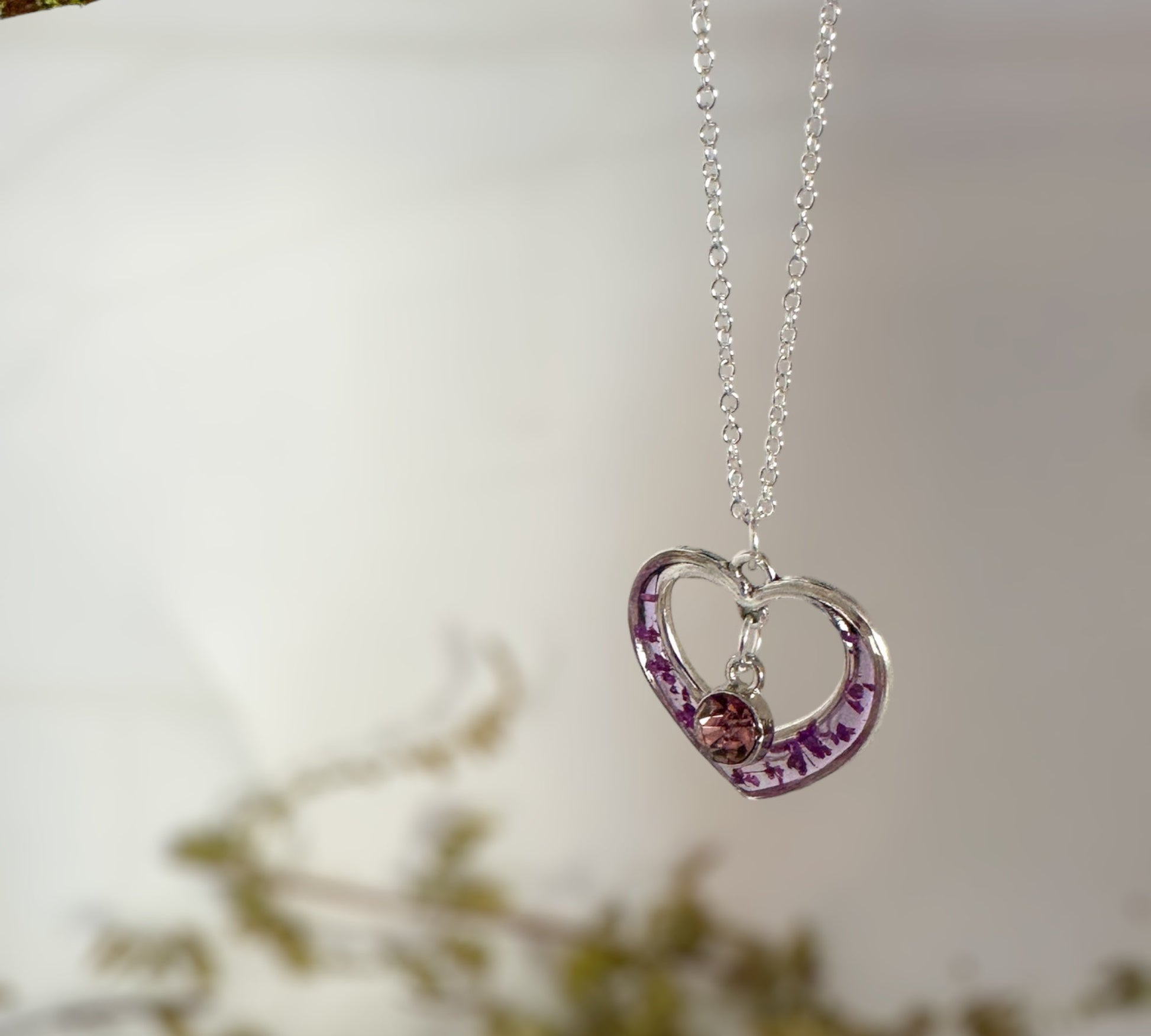 Purple Heart Pendant - Silver Heart with Pressed Purple Flower Petals