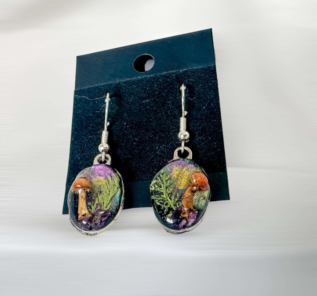Mushroom Forest: Whimsical Drop Earring Set with Dried Botanicals