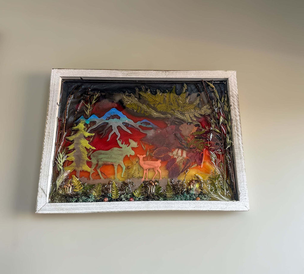 Majestic Wilderness - Tableau en résine représentant un coucher de soleil enchanteur dans une forêt