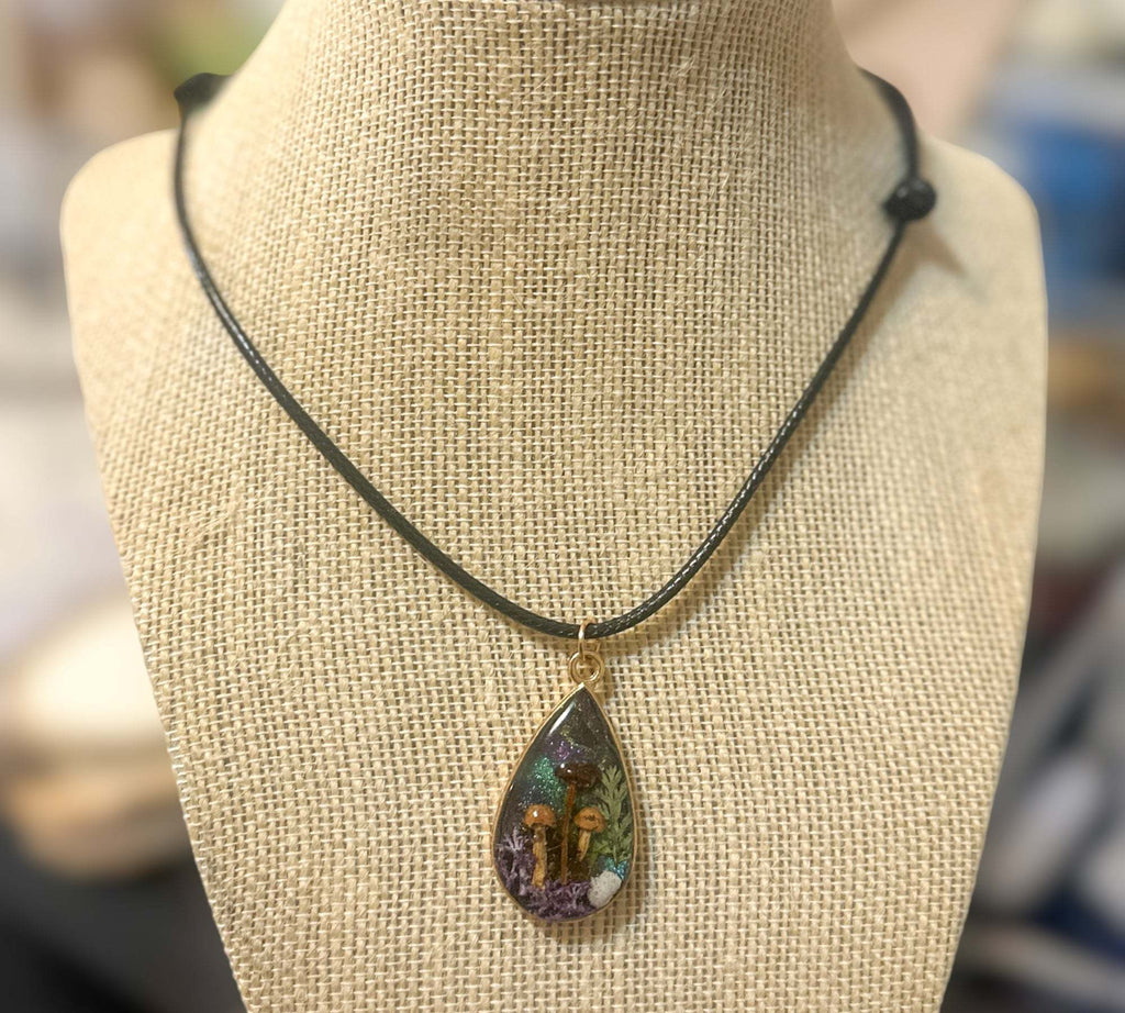 Mini Forest: Teardrop Pendant with Northern Lights and Mushrooms