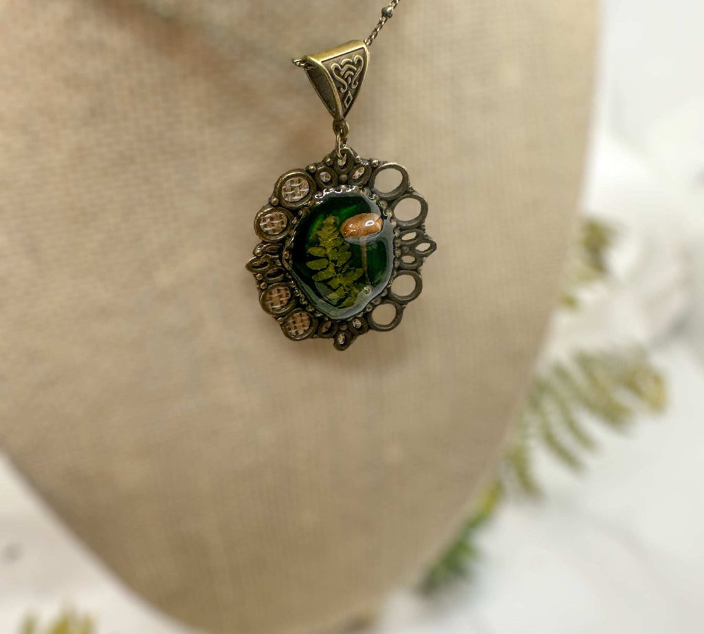 Mushroom Pendant - Magical Green Forest Antique Copper Frame