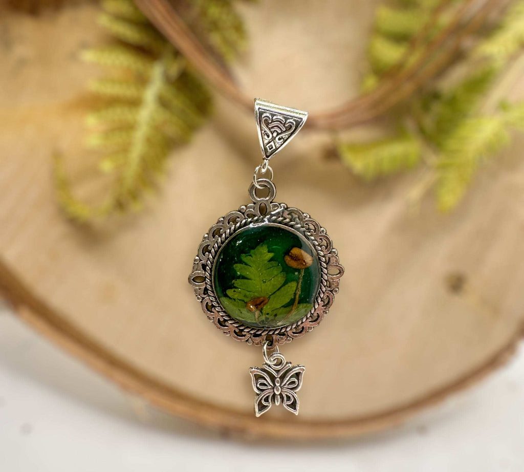 Mushroom Pendant - Magical Green Forest with Silver Butterfly