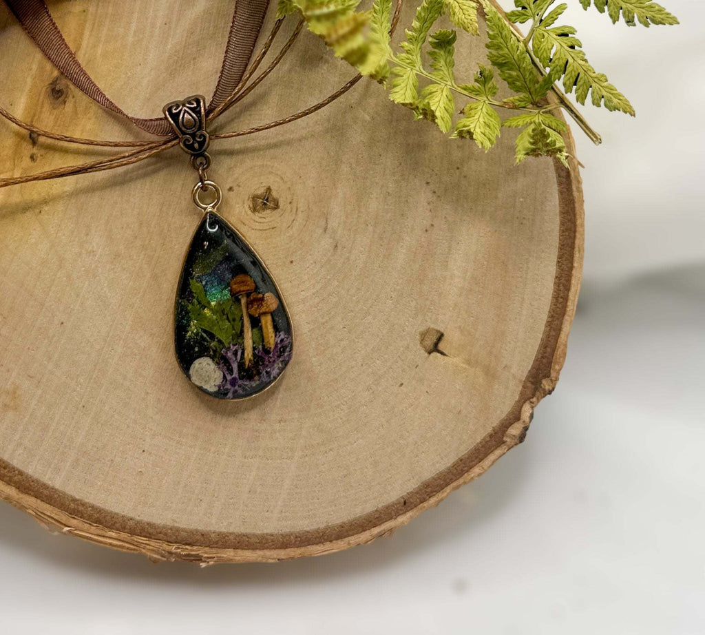 Mini Forest: Teardrop Pendant with Northern Lights and Mushrooms