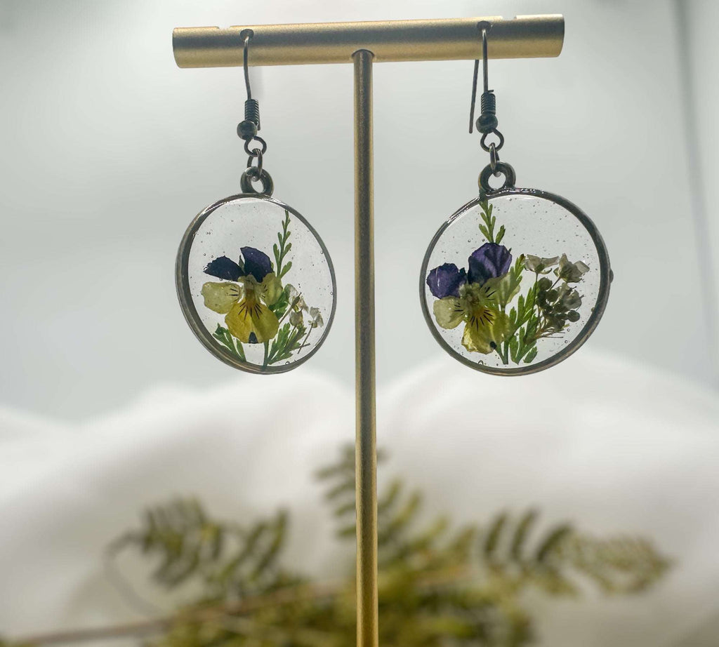 Pansy Earrings: Nature Inspired - Real Fern and Delicate Flowers