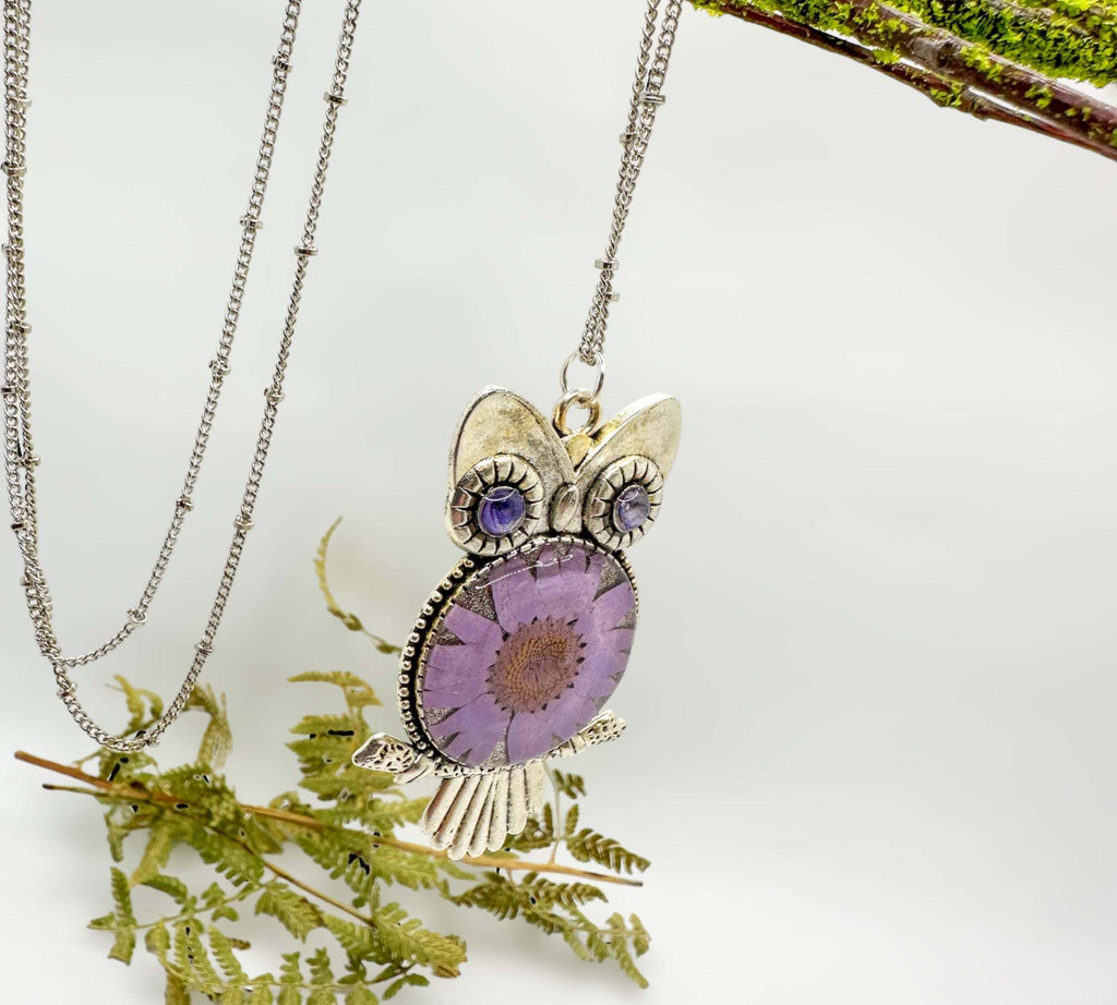Purple Bloom Owls: Exquisite Silver Owl Pendants with Real Dried Flowers