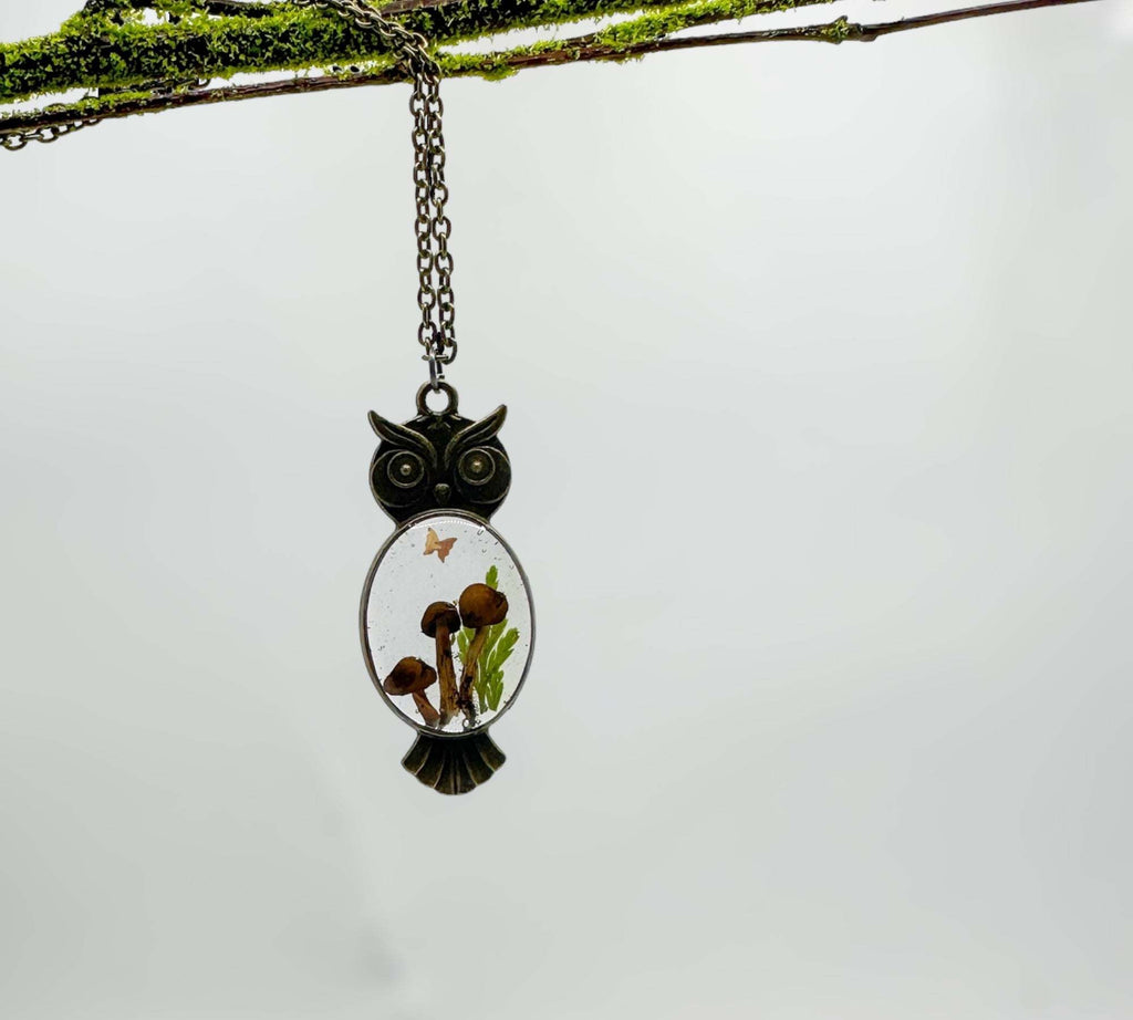 Enchanting Owl Mushroom Forest Pendant - Dried Ferns and Mushrooms