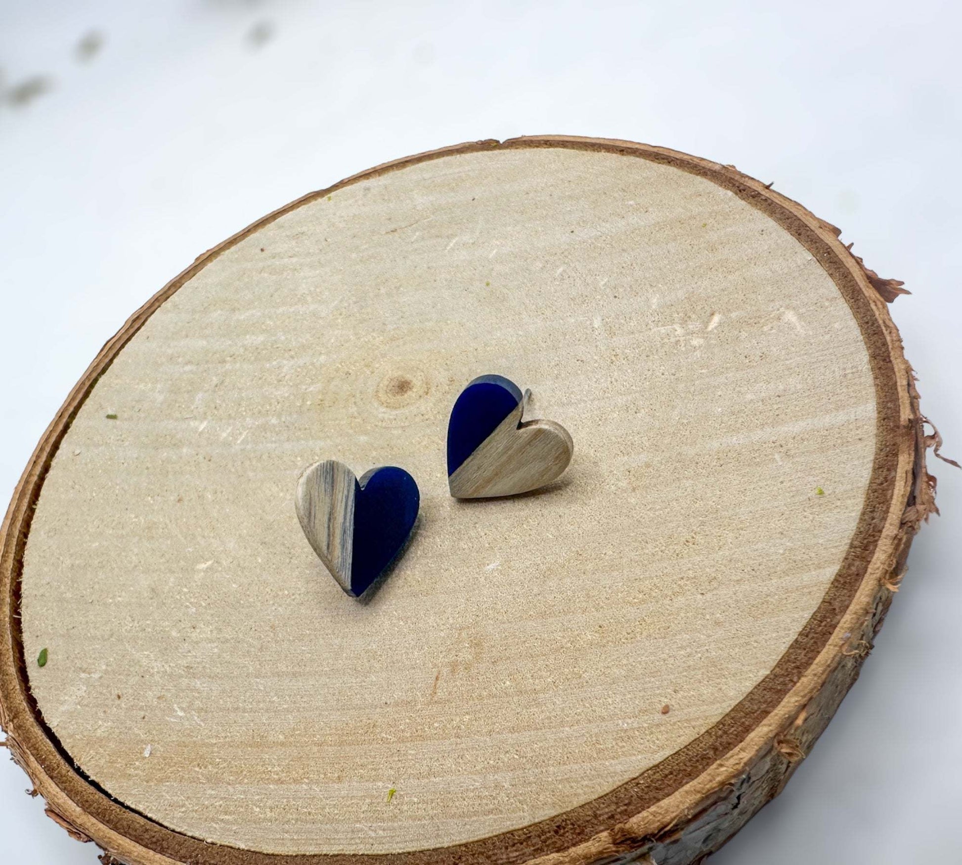 Heartfelt Boho Bliss: Whimsical Wood and Dark Blue Resin Heart Earrings