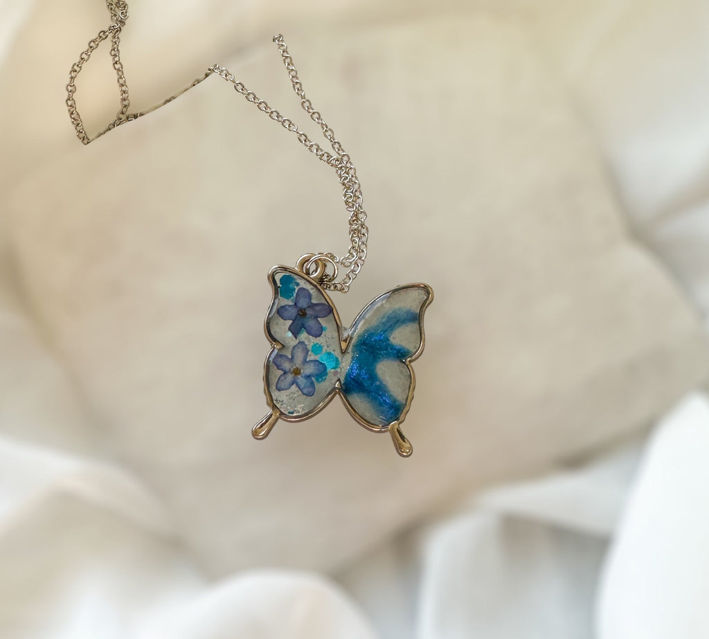 Butterfly Pendant - Dried Flowers & Petals with Mother of Pearl  - Nature's Ballet
