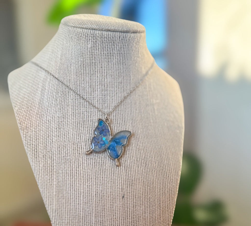 Butterfly Pendant - Dried Flowers & Petals with Mother of Pearl  - Nature's Ballet
