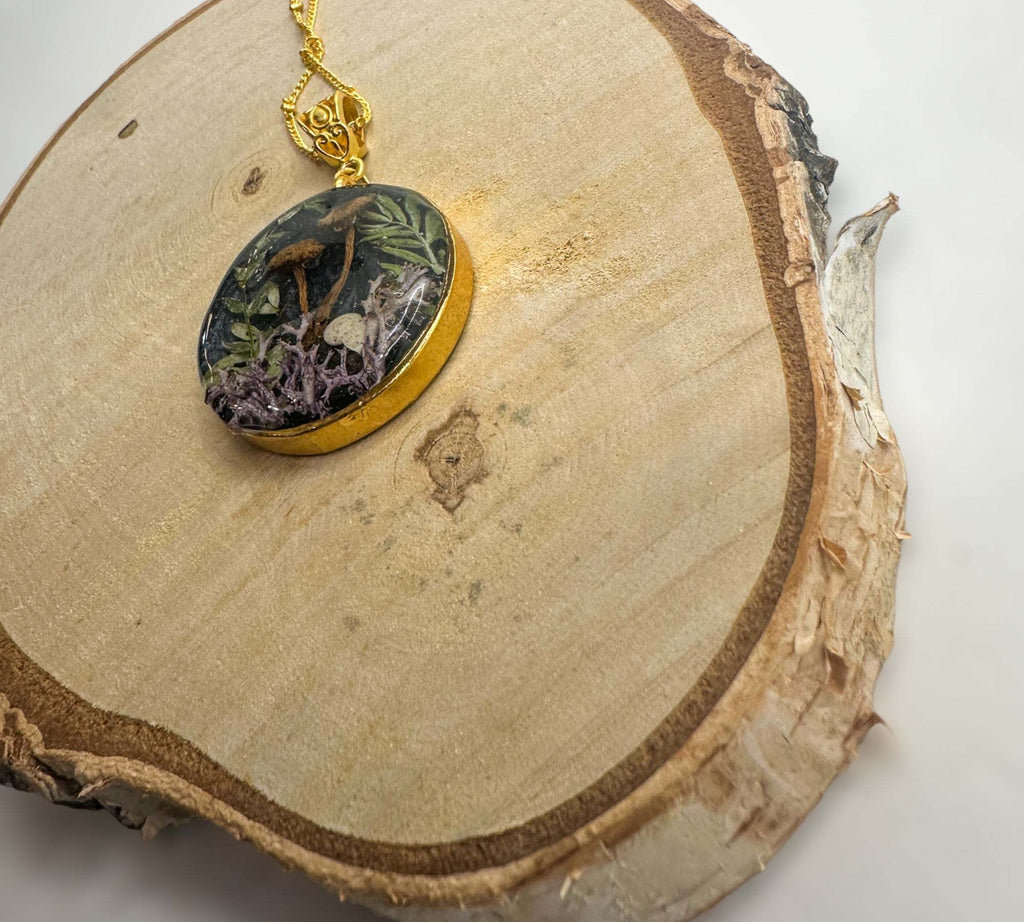 Magical Forest- Resin Botanical Necklace with Mini Mushrooms & Ferns