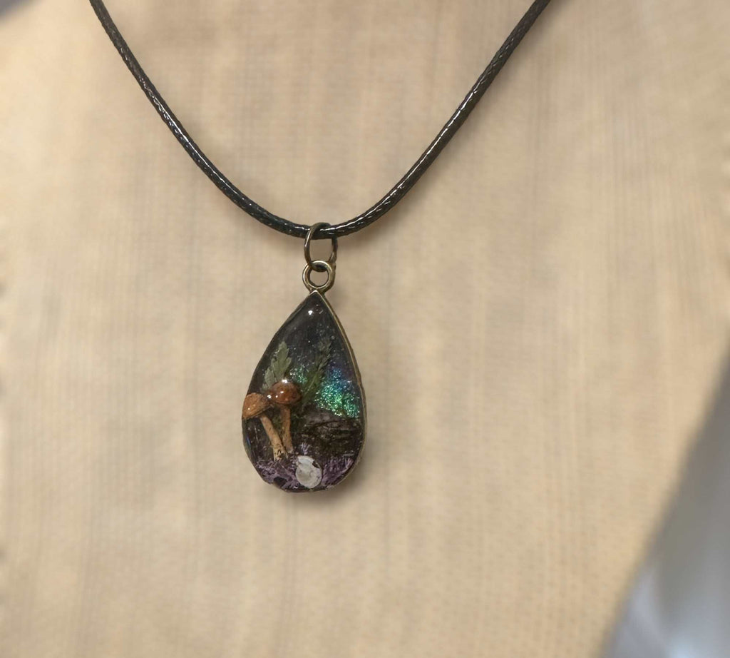 Mini Forest: Teardrop Pendant with Northern Lights and Mushrooms