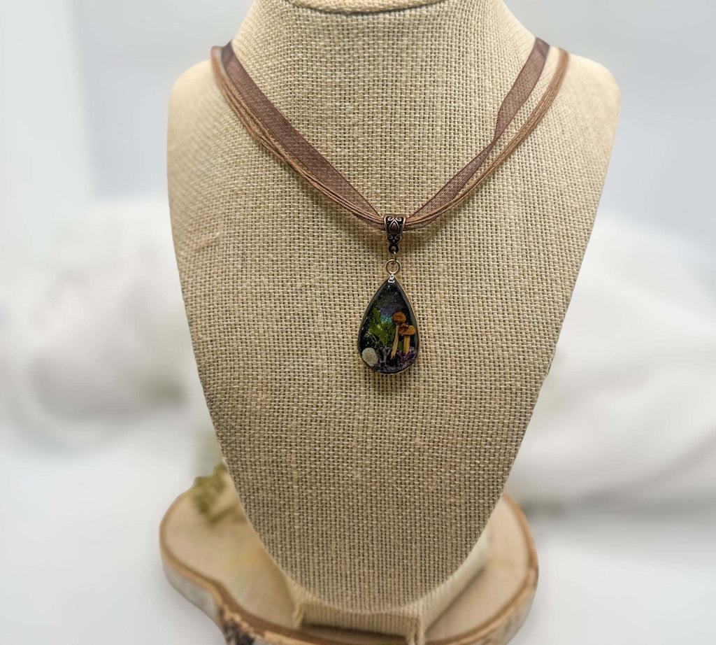 Mini Forest: Teardrop Pendant with Northern Lights and Mushrooms