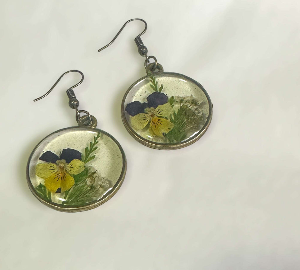 Pansy Earrings: Nature Inspired - Real Fern and Delicate Flowers