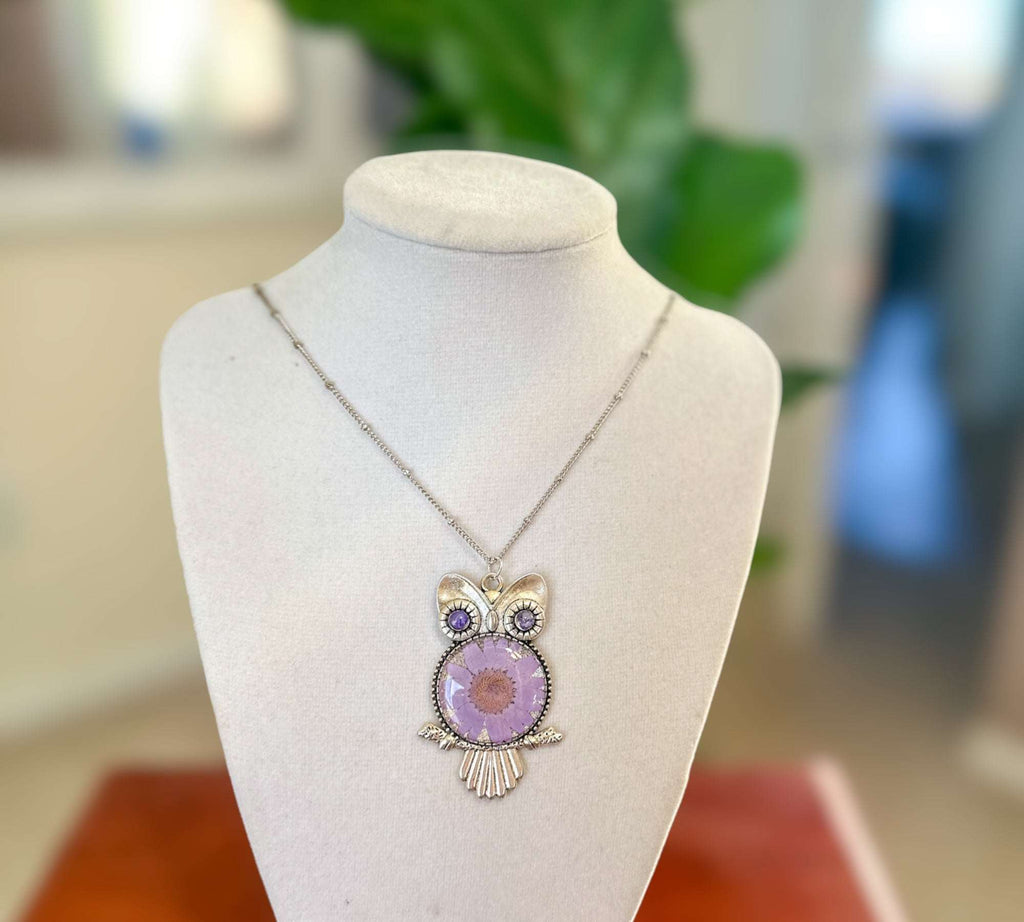 Purple Bloom Owls: Exquisite Silver Owl Pendants with Real Dried Flowers