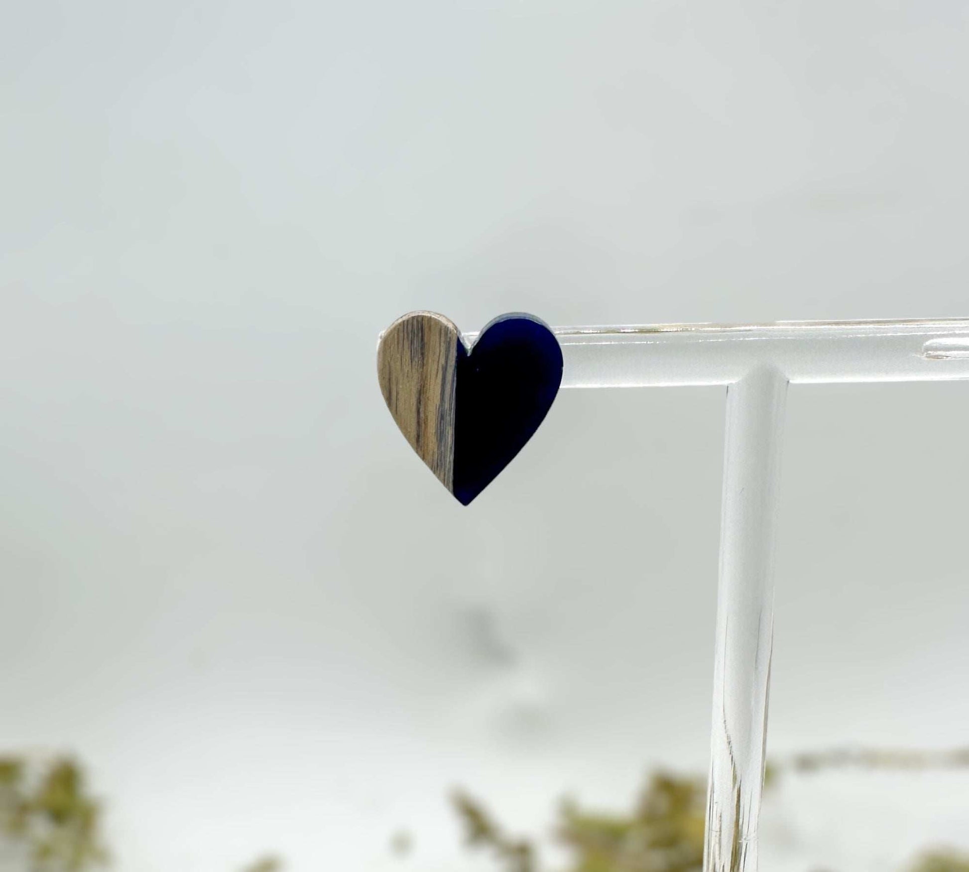 Heartfelt Boho Bliss: Whimsical Wood and Dark Blue Resin Heart Earrings