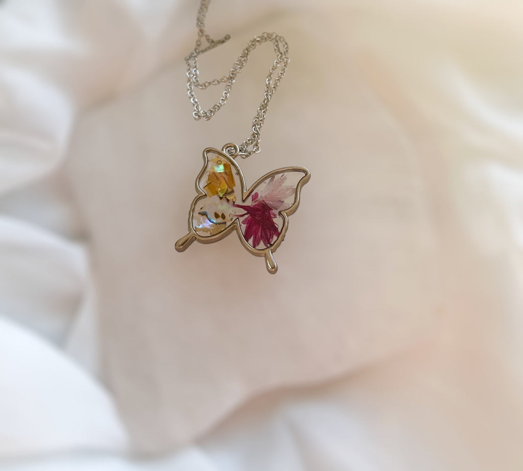 Butterfly Pendant - Dried Flowers & Petals with Mother of Pearl  - Nature's Ballet