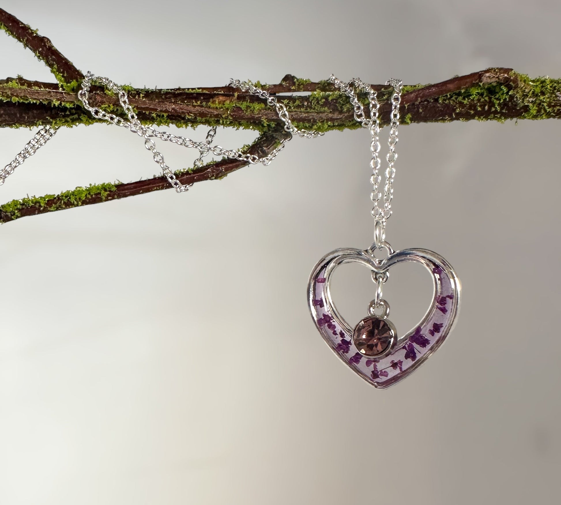 Purple Heart Pendant - Silver Heart with Pressed Purple Flower Petals