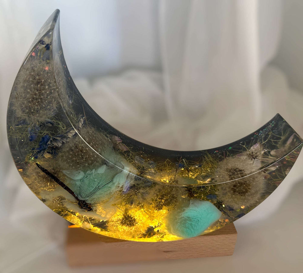 Lune céleste : Veilleuse en résine représentant une libellule et une lune aux vœux de fées