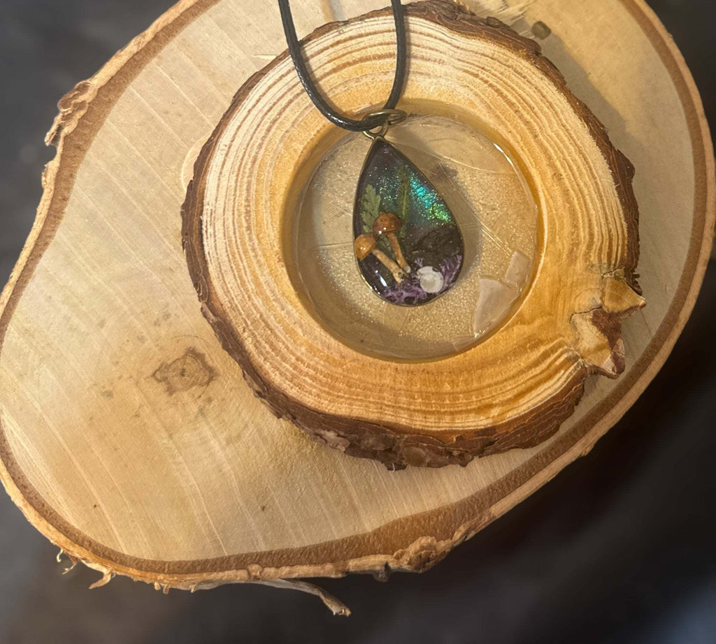 Mini Forest: Teardrop Pendant with Northern Lights and Mushrooms