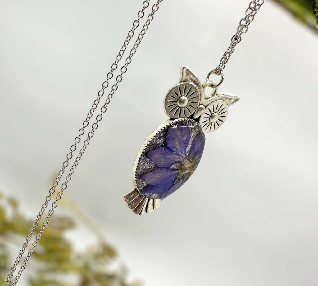 Purple Bloom Owls: Exquisite Silver Owl Pendants with Real Dried Flowers