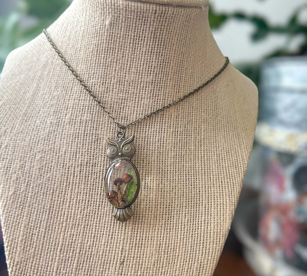 Enchanting Owl Mushroom Forest Pendant - Dried Ferns and Mushrooms