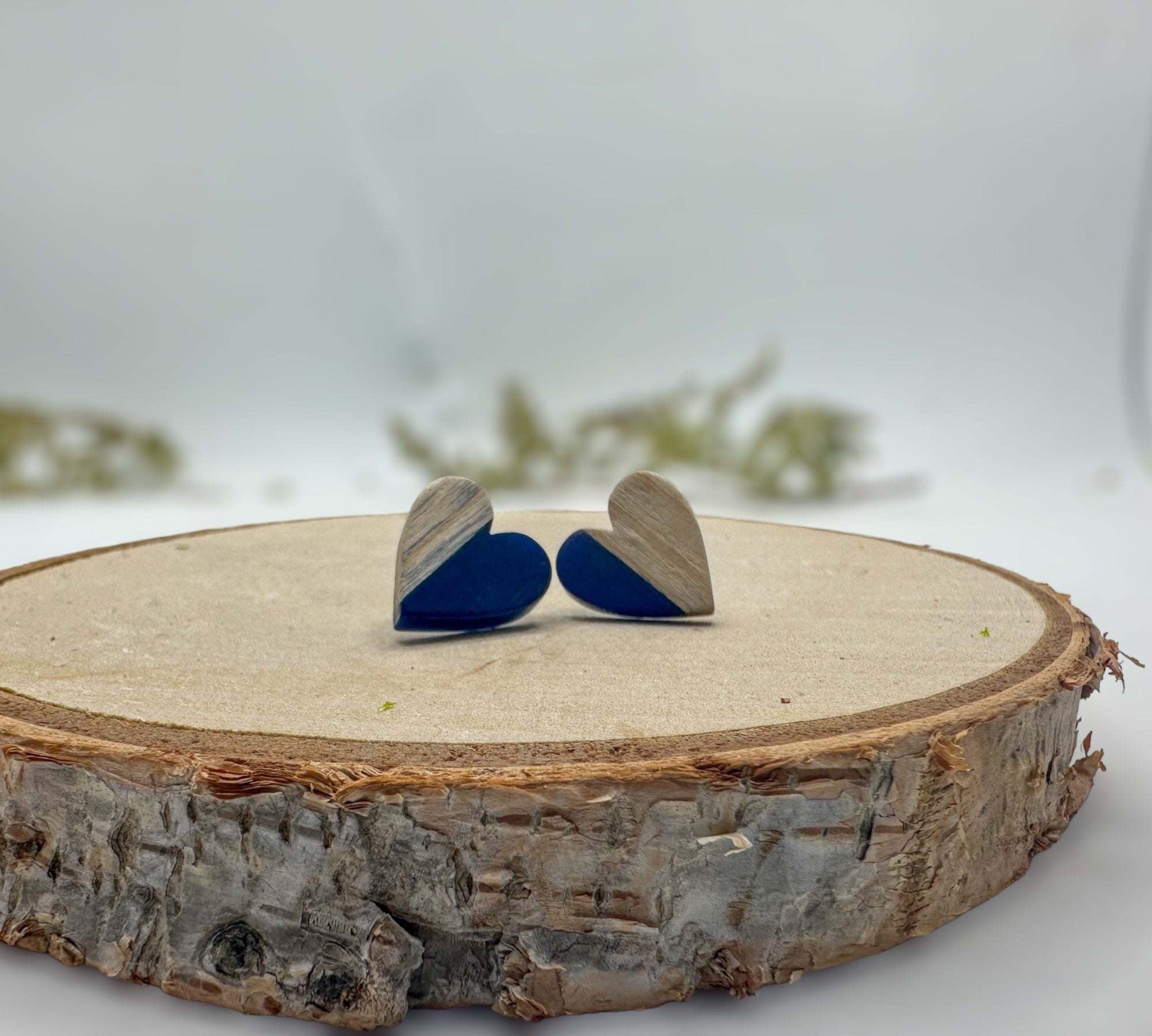 Heartfelt Boho Bliss: Whimsical Wood and Dark Blue Resin Heart Earrings