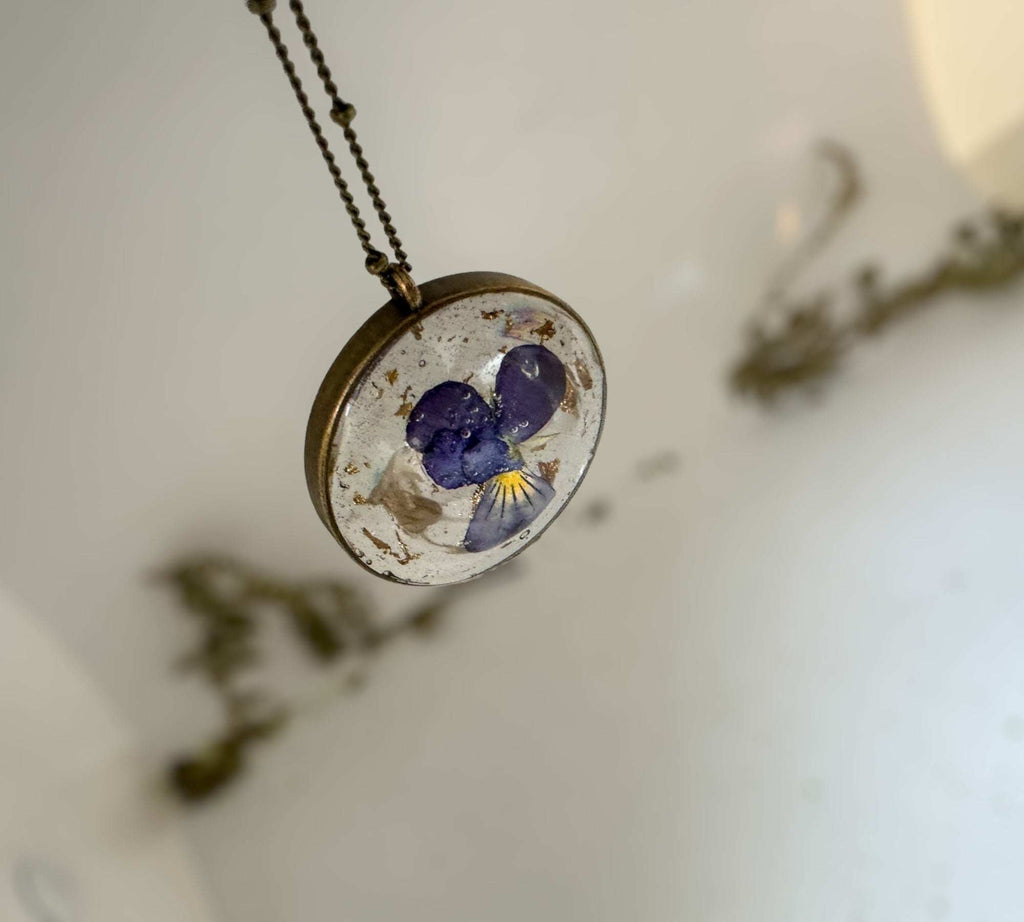 Dried Pansy Flower Pendant - Purple Bloom Nature Inspired Necklace